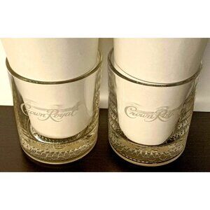 Vintage Embossed Etch Crown Royal Low Ball Whiskey Old Fashion Glass Set Whisky